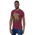 Maroon Markazi unisex t-shirt, front view with ancient columns of Khorheh design