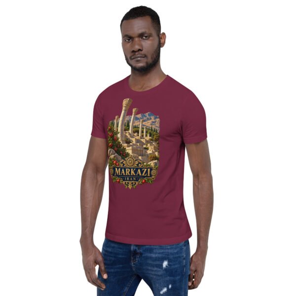 Maroon Markazi unisex t-shirt, front view with ancient columns of Khorheh design
