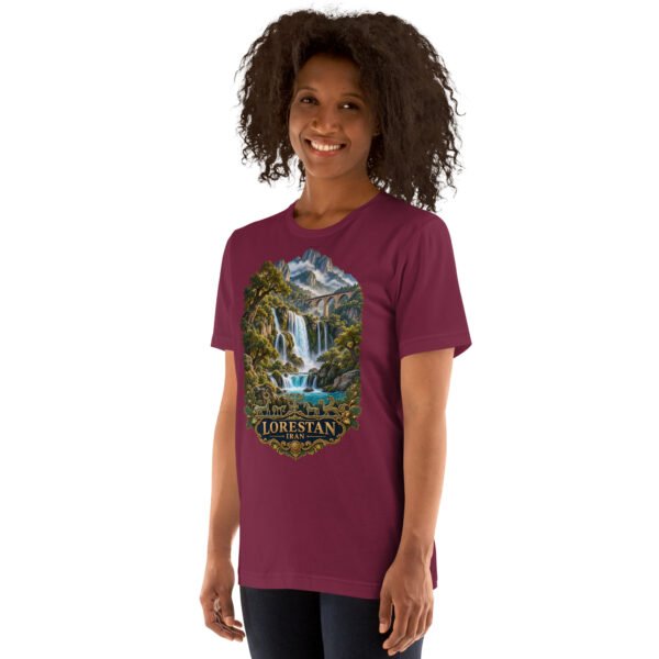 Maroon Lorestan unisex t-shirt, front view with Falak-ol-Aflak Castle in Khorramabad design