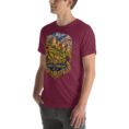 Maroon North Khorasan unisex t-shirt, front view with historic citadel of Shirvan and vineyards design