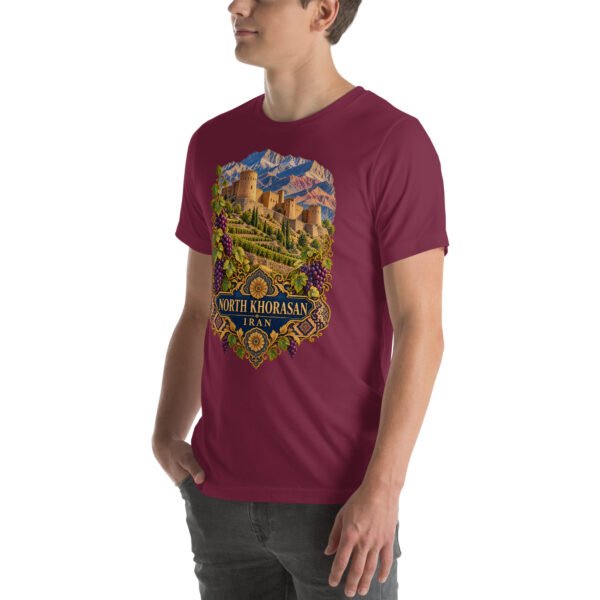 Maroon North Khorasan unisex t-shirt, front view with historic citadel of Shirvan and vineyards design
