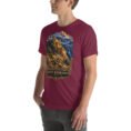 Maroon Khorasan Razavi unisex t-shirt, front view with Tomb of Ferdowsi in ancient Tus design