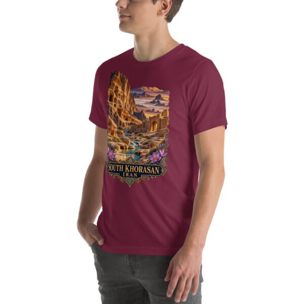 Maroon South Khorasan unisex t-shirt, front view with historic citadel of Birjand design