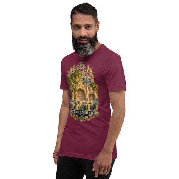 Maroon Kermanshah unisex t-shirt, front view with Taq-e Bostan Sasanian rock reliefs design