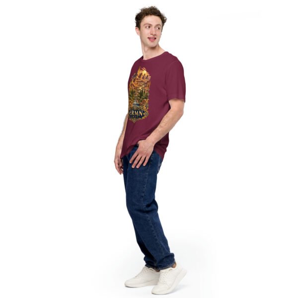 unisex-staple-t-shirt-maroon-left-front-6acbd5352ca57.jpg Maroon Kerman unisex t-shirt, front view with Arg-e Bam citadel and desert palm groves design