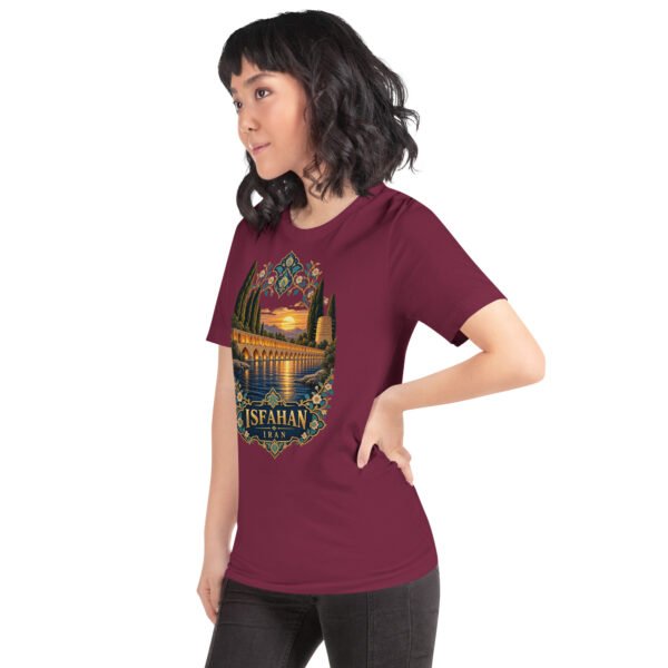 Maroon Isfahan unisex t-shirt, front view with Naqsh-e Jahan Square and Ali Qapu Palace design