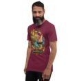 Maroon Hormozgan unisex t-shirt, front view with Portuguese Castle of Hormuz and the Persian Gulf design