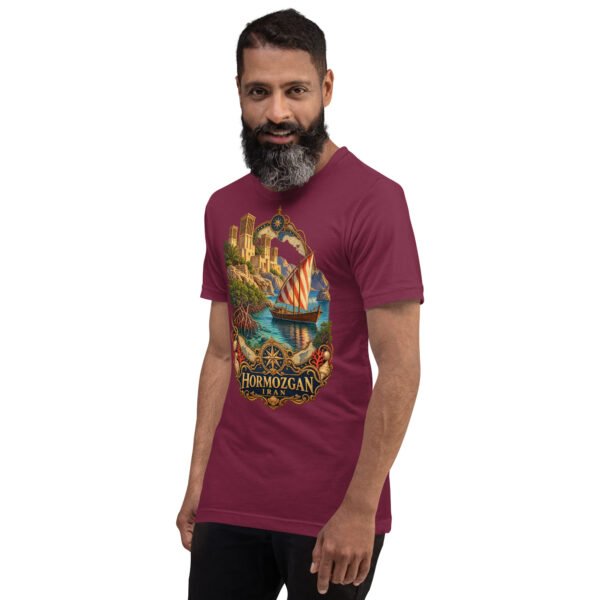 Maroon Hormozgan unisex t-shirt, front view with Portuguese Castle of Hormuz and the Persian Gulf design