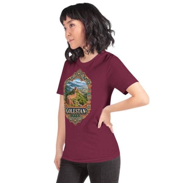 Maroon Golestan unisex t-shirt, front view with Sasanian Great Wall of Gorgan design