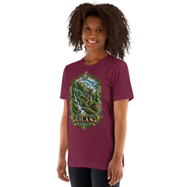 Maroon Gilan unisex t-shirt, front view with Rudkhan Castle in the Hyrcanian forest design
