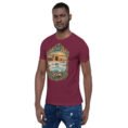 Maroon Qom unisex t-shirt, front view with Deir-e Gachin caravanserai in the desert design