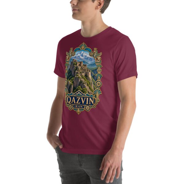 Maroon Qazvin unisex t-shirt, front view with Alamut Castle on its rocky Alborz cliff design