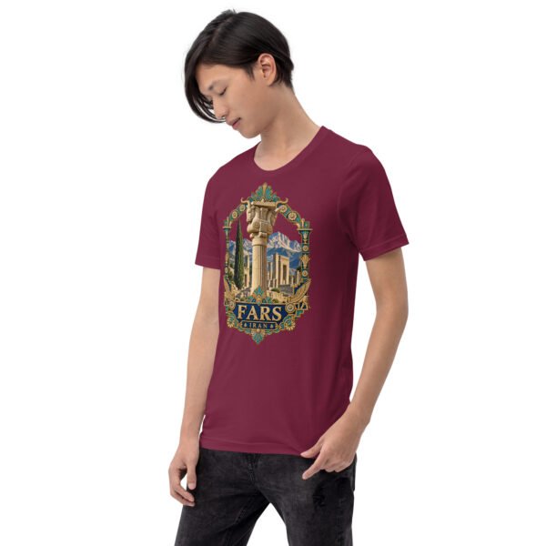 Maroon Fars unisex t-shirt, front view with Persepolis and Achaemenid columns design