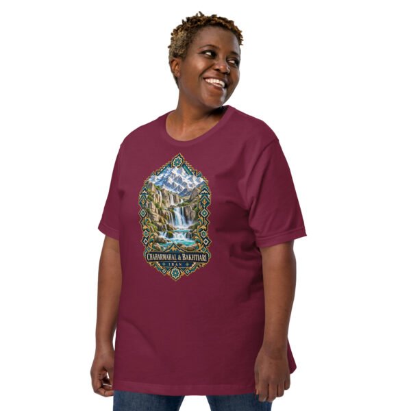 Maroon Chaharmahal and Bakhtiari unisex t-shirt, front view with Zard-Kuh and the Koohrang waterfall design