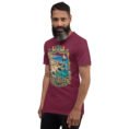 Maroon Bushehr unisex t-shirt, front view with ancient port of Siraf and the Persian Gulf design