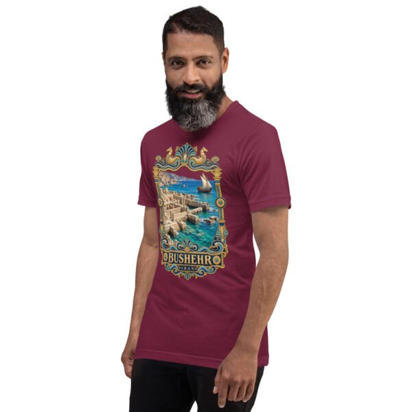 unisex-staple-t-shirt-maroon-left-front-6acbdde475ddd.jpg Maroon Bushehr unisex t-shirt, front view with ancient port of Siraf and the Persian Gulf design