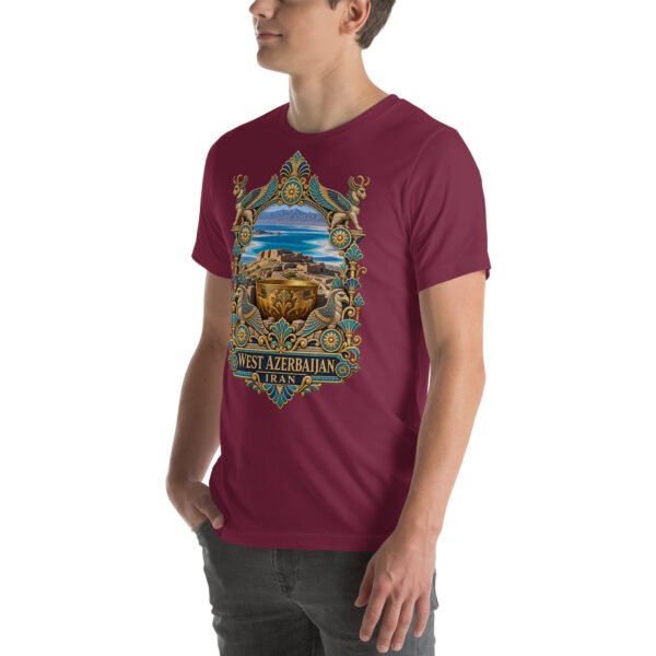 Maroon West Azerbaijan unisex t-shirt, front view with Lake Urmia and the ancient Hasanlu mound design