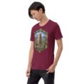 Maroon Ardabil unisex t-shirt, front view with ancient Shahr-e Yeri stone figures and Mount Sabalan design