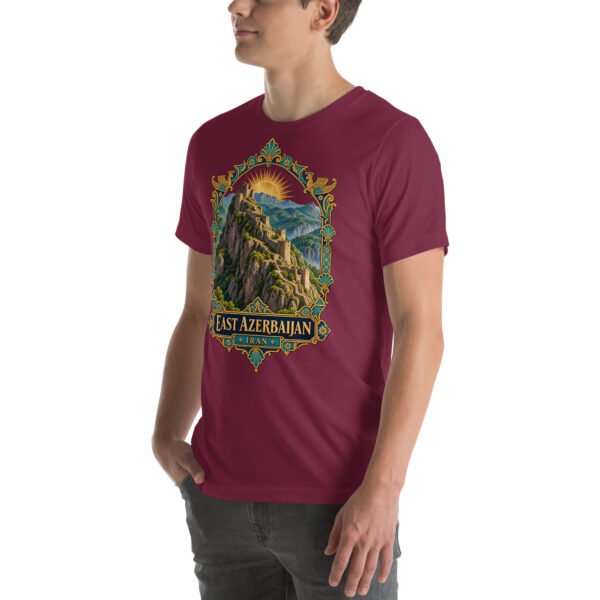 Maroon East Azerbaijan unisex t-shirt, front view with Babak Castle and the Arasbaran valleys design
