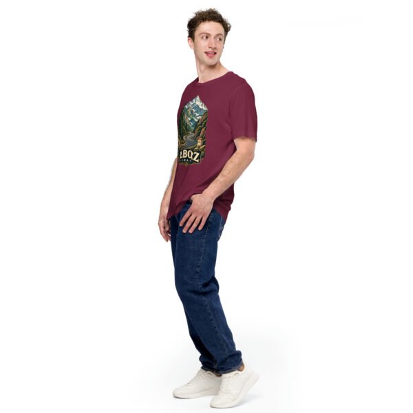 Maroon Alborz unisex t-shirt, front view with Chalus Road winding through the Alborz Mountains design