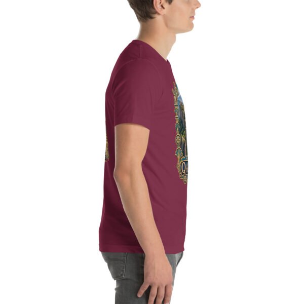 Maroon Qazvin unisex t-shirt, with Alamut Castle on its rocky Alborz cliff design