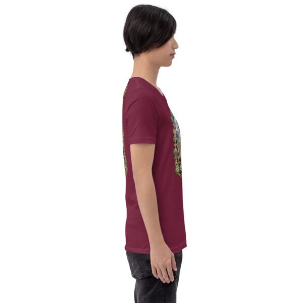 Maroon Ardabil unisex t-shirt, with ancient Shahr-e Yeri stone figures and Mount Sabalan design