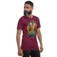 Maroon Yazd unisex t-shirt, front view with Narin Castle of Meybod and a traditional dovecote design