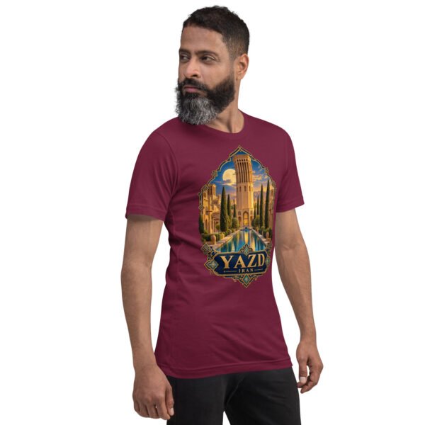 Maroon Yazd unisex t-shirt, front view with Narin Castle of Meybod and a traditional dovecote design