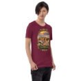 Maroon Semnan unisex t-shirt, front view with Qasr-e Bahram caravanserai in the Dasht-e Kavir design