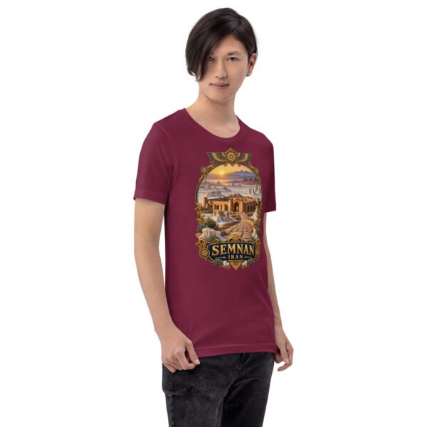 Maroon Semnan unisex t-shirt, front view with Qasr-e Bahram caravanserai in the Dasht-e Kavir design