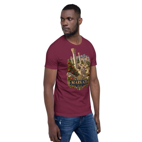 Maroon Markazi unisex t-shirt, front view with ancient columns of Khorheh design