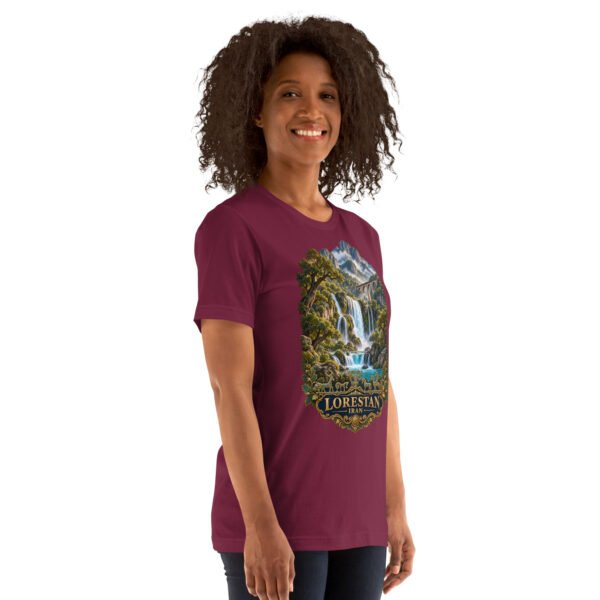 Maroon Lorestan unisex t-shirt, front view with Falak-ol-Aflak Castle in Khorramabad design