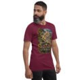 Maroon Kurdistan unisex t-shirt, front view with Ziwiye fortress and golden Mannaean motifs design
