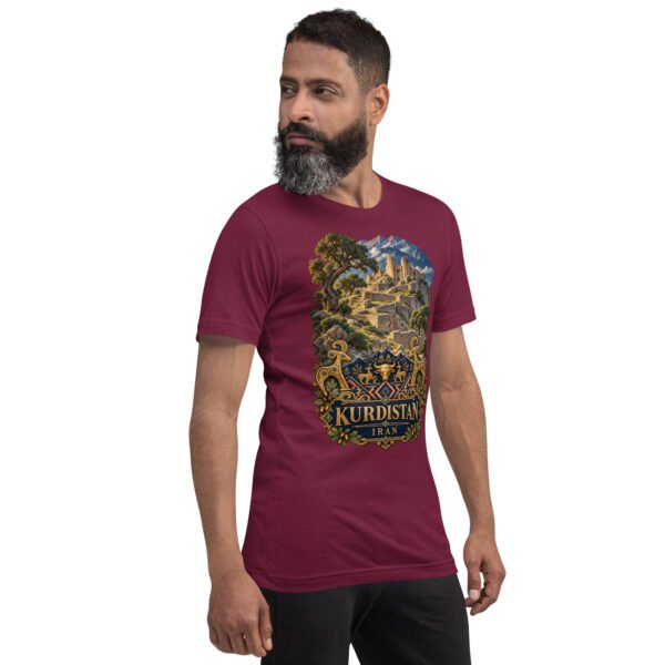 unisex-staple-t-shirt-maroon-right-front-6acbcf7f1fe09.jpg Maroon Kurdistan unisex t-shirt, front view with Ziwiye fortress and golden Mannaean motifs design