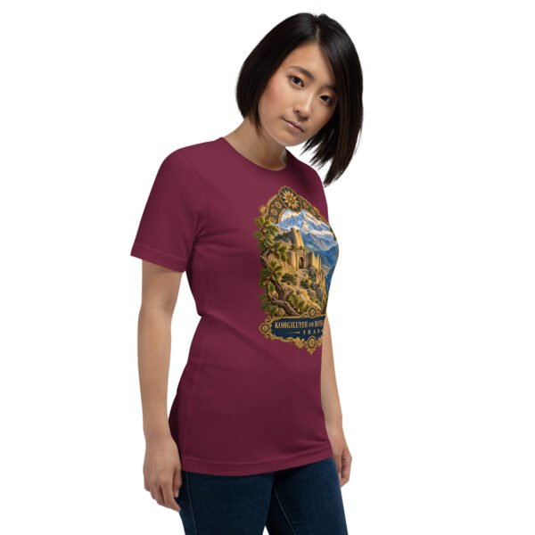 unisex-staple-t-shirt-maroon-right-front-6acbd049356a6.jpg Maroon Kohgiluyeh and Boyer-Ahmad unisex t-shirt, front view with Tang-e Balqis gorge and Mount Dena design