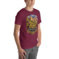 Maroon North Khorasan unisex t-shirt, front view with historic citadel of Shirvan and vineyards design