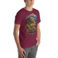 Maroon Khorasan Razavi unisex t-shirt, front view with Tomb of Ferdowsi in ancient Tus design