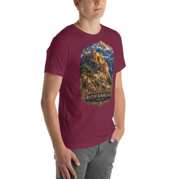 Maroon Khorasan Razavi unisex t-shirt, front view with Tomb of Ferdowsi in ancient Tus design