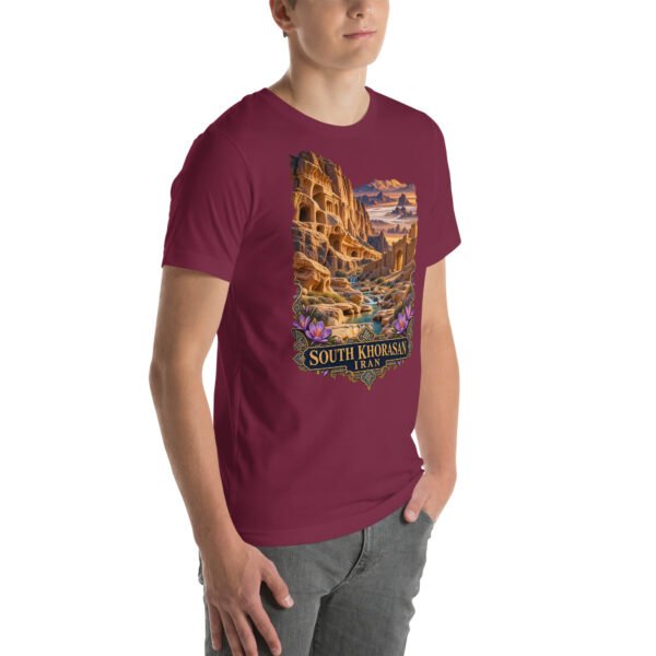 Maroon South Khorasan unisex t-shirt, front view with historic citadel of Birjand design