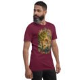 Maroon Kermanshah unisex t-shirt, front view with Taq-e Bostan Sasanian rock reliefs design