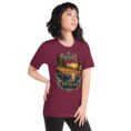 Maroon Isfahan unisex t-shirt, front view with Naqsh-e Jahan Square and Ali Qapu Palace design