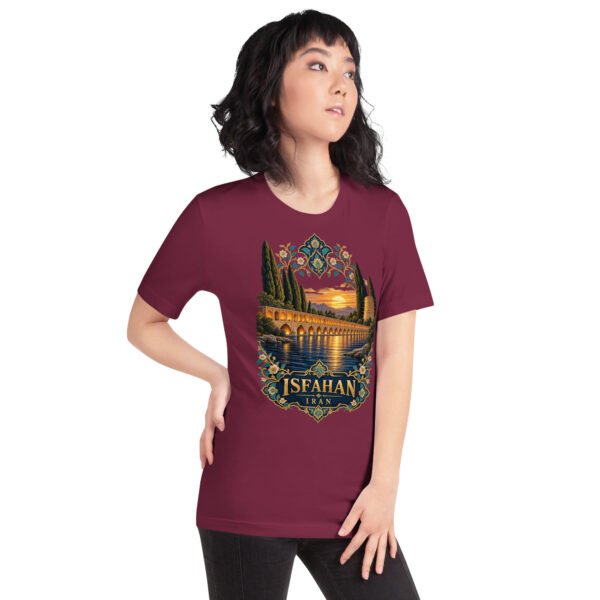 Maroon Isfahan unisex t-shirt, front view with Naqsh-e Jahan Square and Ali Qapu Palace design