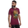 Maroon Hormozgan unisex t-shirt, front view with Portuguese Castle of Hormuz and the Persian Gulf design