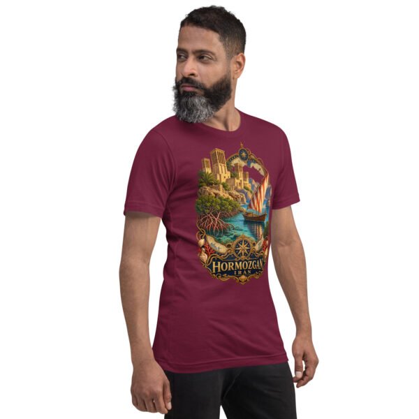 Maroon Hormozgan unisex t-shirt, front view with Portuguese Castle of Hormuz and the Persian Gulf design