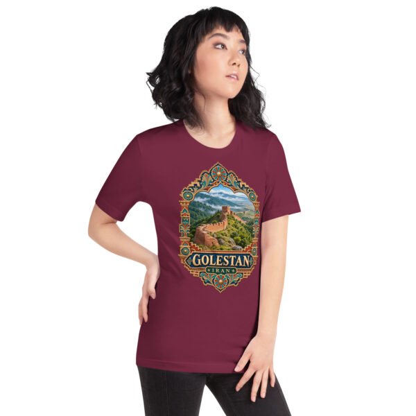 Maroon Golestan unisex t-shirt, front view with Sasanian Great Wall of Gorgan design