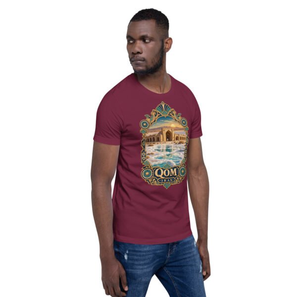 Maroon Qom unisex t-shirt, front view with Deir-e Gachin caravanserai in the desert design