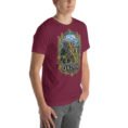 Maroon Qazvin unisex t-shirt, front view with Alamut Castle on its rocky Alborz cliff design