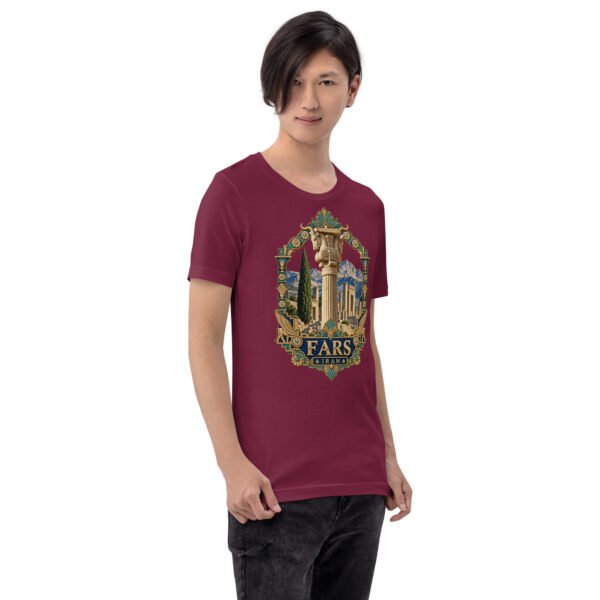 Maroon Fars unisex t-shirt, front view with Persepolis and Achaemenid columns design