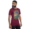 Maroon Bushehr unisex t-shirt, front view with ancient port of Siraf and the Persian Gulf design