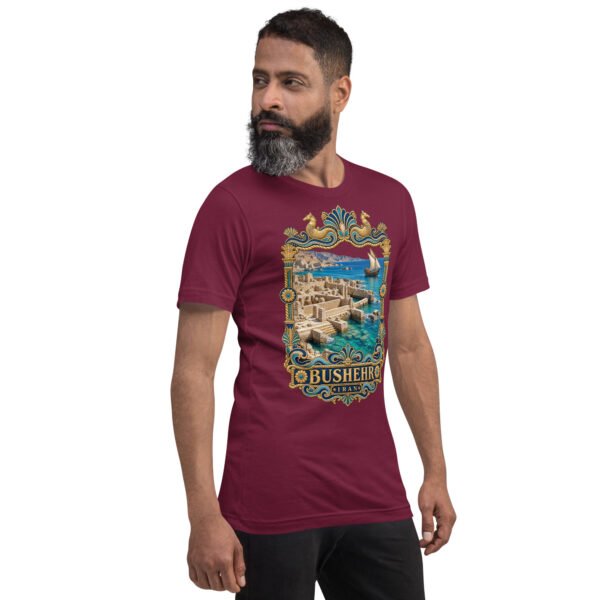 unisex-staple-t-shirt-maroon-right-front-6acbdde476550.jpg Maroon Bushehr unisex t-shirt, front view with ancient port of Siraf and the Persian Gulf design